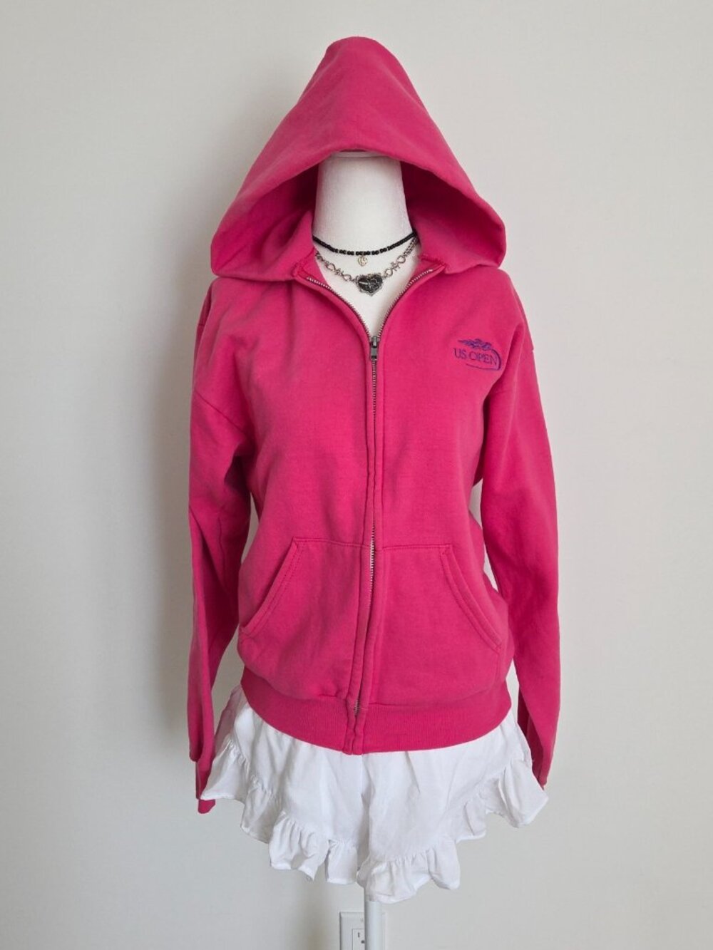 Vtg US Open Pink Hoodie Youth XL Tennis‎ Athleisure Preppy Y2K Sporty Full Zip